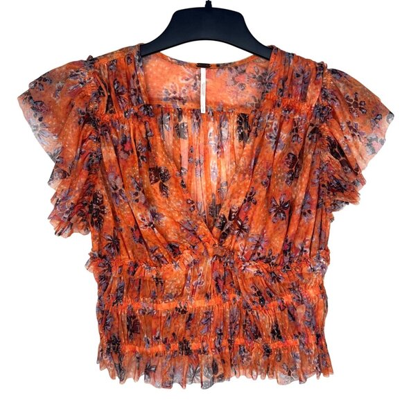 Free People Making Me Smile Floral Ruffle-Sleeve V-Neck Smocked Crop Top XS - Picture 2 of 14